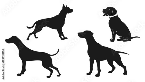Four black dog silhouettes in different poses