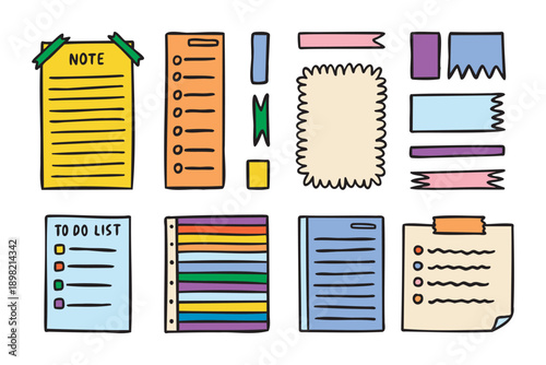 Sticky notes set, colorful memo papers for planner, hand drawn