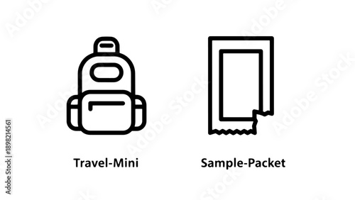 Icons for travel mini backpack and sample packet, symbolizing travel size and product samples