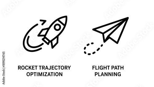 Rocket and Paper Airplane Icons: Trajectory Optimization and Flight Path Planning, representing progress and innovation