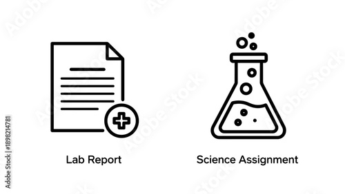 Lab Report and Science Assignment Icons: Document with Plus Symbol and Flask with Bubbles, representing research and study