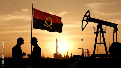 Angolan Oil Industry Workers and Flag Silhouette at Sunset with Pumpjack