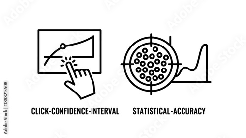 Interactive graph with hand cursor and statistical accuracy target icons, representing data analysis, confidence intervals, and precise measurement.