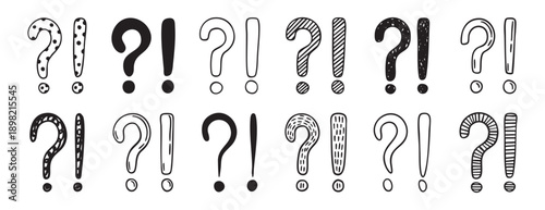 Exclamation and question marks set collection doodle hand drawn icon. Outline drawing punctuation line clipart symbol.