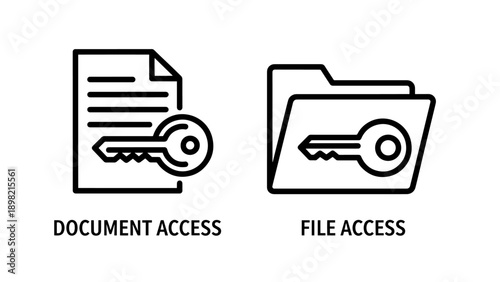 Document and file access icons with keys, representing secure data management, authorization, and privacy protection.