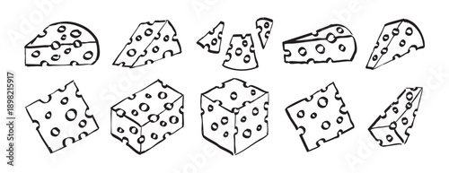 doodle hand drawn cheese icon set. cheese variety, Chalkboard style cheese illustrations, Diverse cheese symbols and wedge drawings created for bistro menu with rustic charm and daily specials