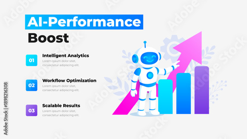 Artificial intelligence robot illustration with growth chart and arrow for business analytics performance concept