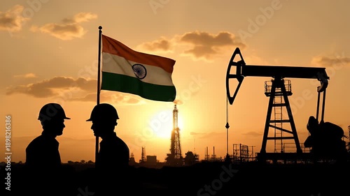 Indian Flag with Oil Pump and Refinery at Sunset