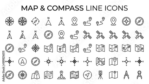 Vector Set of Map Navigation and Compass Line Icons in Minimalist Style. Collection of GPS Location Markers, Travel Routes, Satellite Symbols, Folded Maps, and North Arrows for Web and App Design.