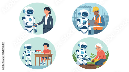 Vector set of four scenes showing a friendly robot interacting with humans in various roles: shaking hands with a businesswoman, working with an engineer, teaching a child, and gardening with a senior