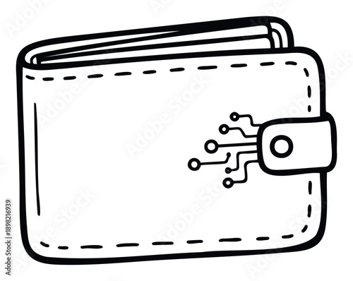 A black outline doodle of a digital wallet or crypto currency holder, featuring electronic circuit board lines on its clasp, perfect for financial technology applications, online payment