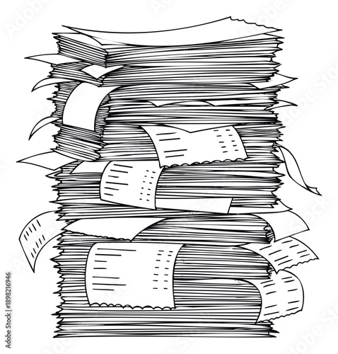 A tall disorganized pile of business documents, financial receipts, and administrative paperwork symbolizing overwhelming bureaucracy and daily office workload, ideal for finance and