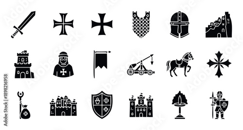 Black silhouette icons of medieval knights, swords, castles, crosses, armor, and siege weapons, ideal for historical themed designs, educational content, or gaming graphics.