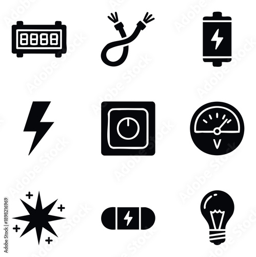Electricity and energy glyph icons set with display clock, electric cables, battery, lightning bolt, power switch, voltmeter, energy spark, and light bulb for tech applications.