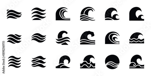 Dynamic collection of various ocean wave symbols and water flow icons perfect for maritime branding environmental signage or surfing related projects