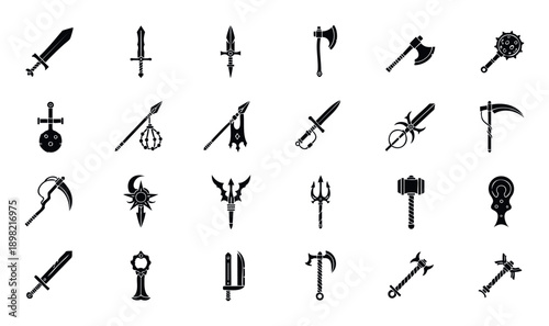 A collection of ancient and powerful weapon icons for graphic design projects, historical themes, gaming applications, and adventurous media.