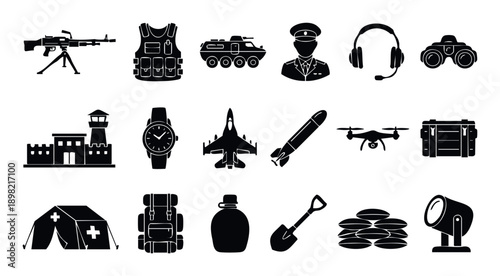 A comprehensive collection of military and defense equipment symbols including weapons, vehicles, gear, and structures, ideal for security, war, and armyrelated graphic projects and digital