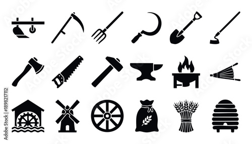 Essential collection of historical agricultural tools and traditional farm life icons representing vintage rural craftsmanship and ancient farming practices for various project applications