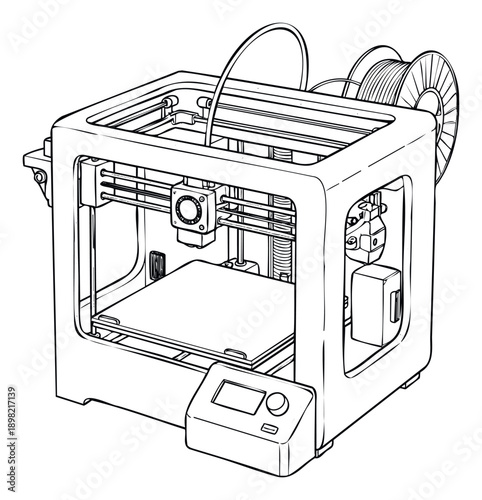 Detailed line drawing of a modern FDM printer with a filament spool and heated print bed illustrating advanced manufacturing technology for educational resources or industrial innovation