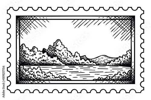 Vintage hand drawn postage stamp featuring a monochrome natural landscape with a tranquil lake and distant mountains, ideal for travel themed stationery or collectible memorabilia.