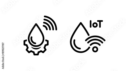 Internet of Things IoT connected technology icons for smart devices, water droplet with gear and Wi-Fi signal, and liquid drop with text IoT and wireless connection.