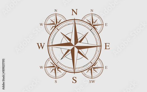 Detailed vintage compass rose illustration depicting navigation direction orientation with north south east west cardinal directions nautical travel exploration graphic for mapping geographic presenta