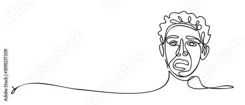 Single line drawing portraying a mans face with a surprised expression representing confusion and bewilderment for communication and conceptual applications