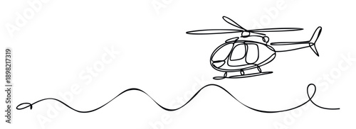 Minimalist single line outline of a flying helicopter tracing an undulating path, suitable for aerospace industry presentations or travel agency promotions.