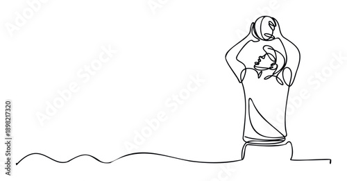 A single continuous line drawing depicts a male athlete holding a basketball above his head, ready to shoot or celebrate a victory, suitable for modern sports branding and event promotion.