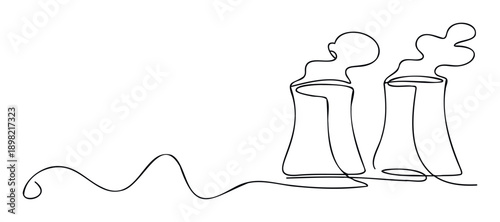 A continuous line drawing depicting industrial cooling towers, symbolizing energy production and environmental impact, suitable for ecofriendly presentations or infrastructure project