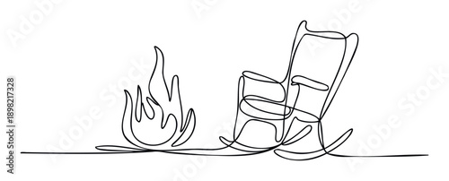 Continuous line drawing of a cozy rocking chair next to a warm crackling fire evoking feelings of comfort and relaxation suitable for minimalist home decor or digital graphic applications