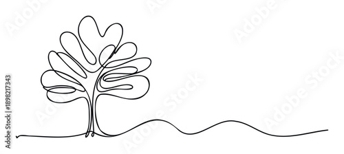 Elegant continuous line drawing of a stylized tree with flowing ground suitable for expressing ideas of nature, ecology, sustainability, and organic growth in various marketing materials