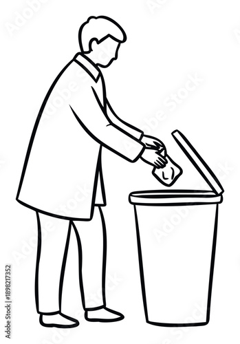 A person disposing of trash into a garbage can, representing environmental responsibility and cleanliness for public service announcements or educational materials.