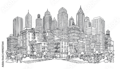 Detailed hand drawn black and white downtown cityscape sketch featuring numerous buildings, vehicles, and pedestrians, ideal for architectural concepts or urban planning visuals.