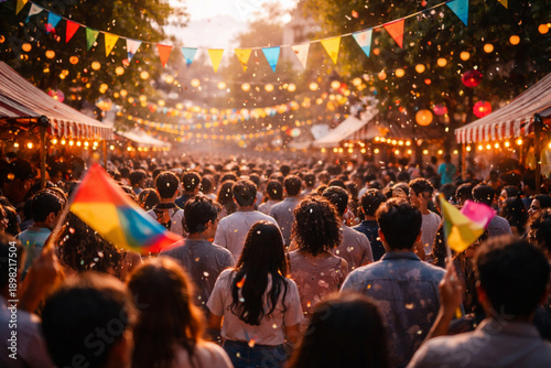 Foto Large crowd of people enjoying a vibrant outdoor street festival at dusk, illuminated by string lights and colorful flags