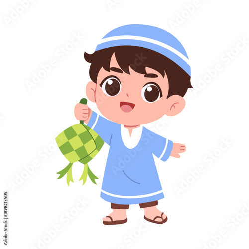 illustration of a cute muslim boy hold ketupat