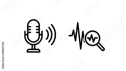 Voice recognition and sound analysis icons, featuring a microphone with sound waves and a waveform with a magnifying glass for detection.