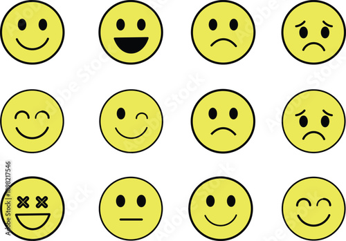 Array of Emotions: A variety of yellow emoticons express diverse sentiments, from joyful elation to melancholy, and other relatable moods. 
