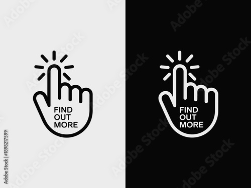 Clicking finger hand cursor indicating find out more call to action on black and white background for website user interface design web page element marketing material business presentation vector ill