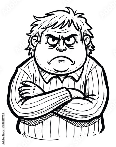 A disgruntled overweight man crosses his arms showing frustration and annoyance, perfect for illustrating negative emotions, customer complaints, or stressrelated topics.