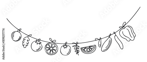 Outline drawing of various fresh produce including fruits and vegetables hanging on a string, perfect for healthy food themed decorations, kitchen branding, or organic market promotions