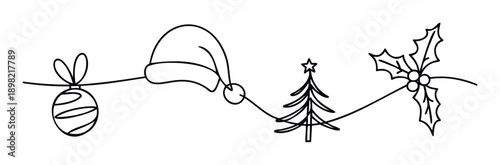 Minimalist one line drawing featuring traditional Christmas ornaments, Santa hat, festive tree, and holly berries, perfect for holiday greetings and seasonal winter celebration projects.