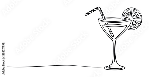Refreshing summer cocktail drink in a classic martini glass with a festive straw and fresh lemon slice, ideal for restaurant menus, bar promotions, and beverage advertisements.