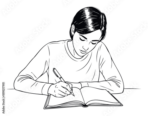 Dedicated young woman focusing intently while writing in a journal with a pen, ideal for academic, creative, or organizational project content.