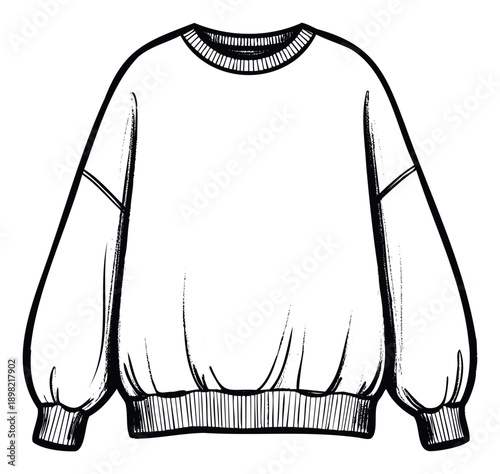 Black and white line drawing of a comfortable oversized sweatshirt with dropped shoulders and ribbed cuffs and hem, perfect for fashion design inspiration or clothing catalog imagery.