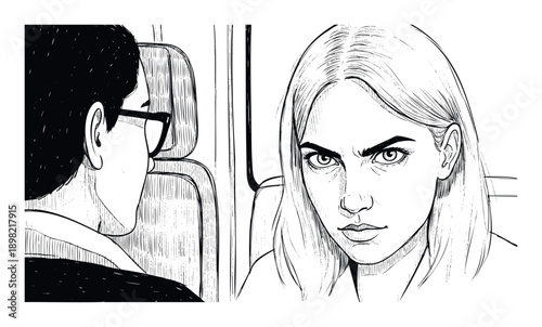 A black and white comicstyle drawing captures a tense moment between two individuals in a vehicle, with one person glancing forward and another woman staring intensely at the viewer with a
