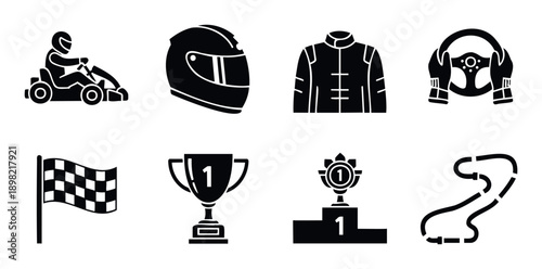 Set of go kart racing and competition icons featuring a driver, helmet, suit, steering wheel, checkered flag, trophy, and track outline perfect for sport related graphic projects