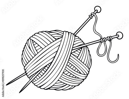 Black outline illustration of a ball of yarn with knitting needles perfect for craft enthusiasts, textile related marketing, or hobby project presentations