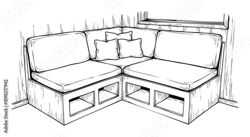 Detailed black and white sketch of a comfortable builtin corner bench with cushions and storage cubbies, ideal for kitchen nooks, dining areas, or cozy home interior decorating concepts.