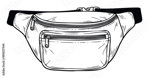 Stylish fanny pack line drawing depicting a convenient waist bag accessory, ideal for use in fashion catalogs, casual lifestyle promotions, or travel gear guides.